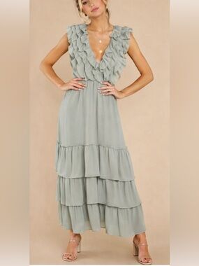Sweet Lemon Ruffle Tiered Seafoam Sage Green Boutique Open Back Maxi Dress M